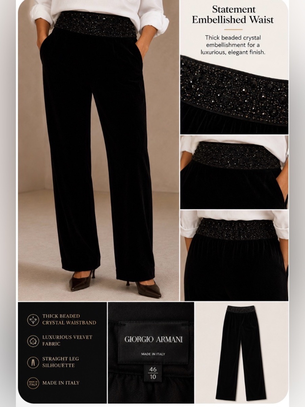 NWT Giorgio Armani Black Velvet Sequin Trousers 10